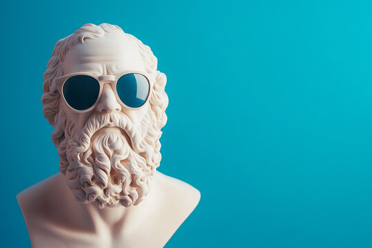 Socrates in sunglasses and white, minimalist style, turquoise background