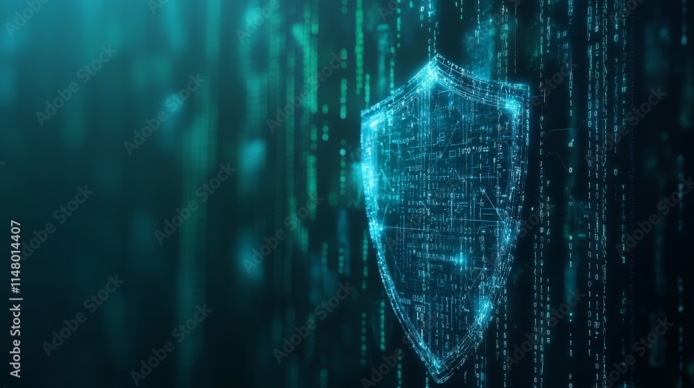Poster digital shield symbolizing cybersecurity amidst a backdrop of binary code and data streams reflectin
