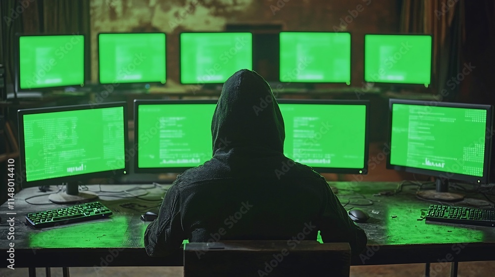 Poster hooded figure working multiple green screen computers