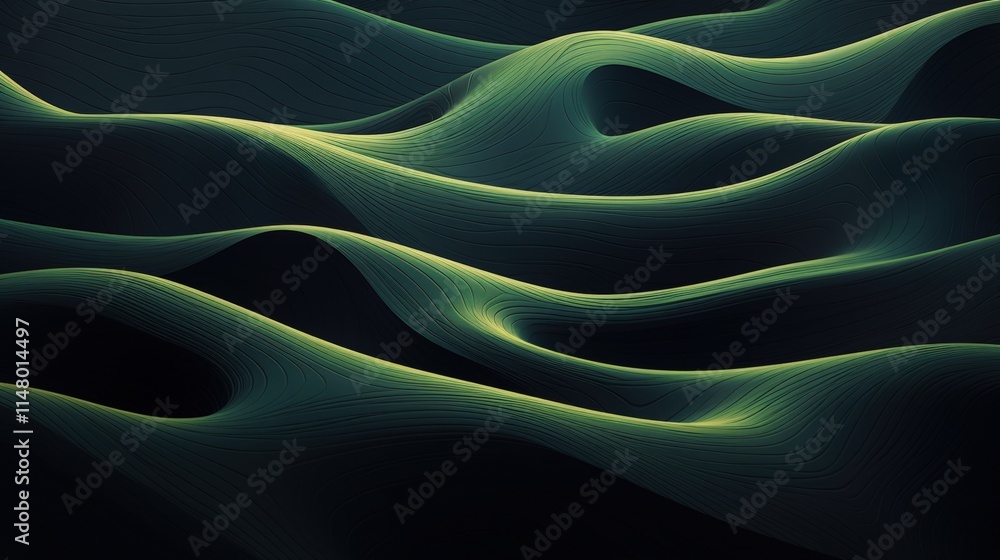 Poster abstract organic lines in flowing waves with dark background and subtle green highlights for modern 