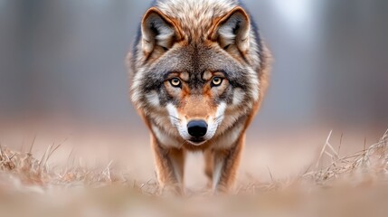 Obraz premium A close up of a wolf walking through a field of dry grass