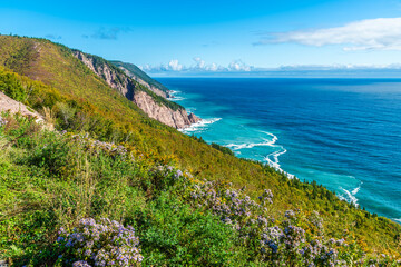 A view from cliff tops on the Cabot Trail at Cape Smokey, Nova Scotia, Canada in the fall