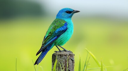 Obraz premium A vibrant blue-green bird perched on a rustic post, set against a soft-focus green background, showcasing nature's beauty.