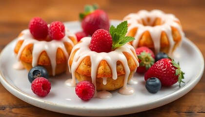 Mini Bundt Cakes Topped With Raspberries And Blueberries
