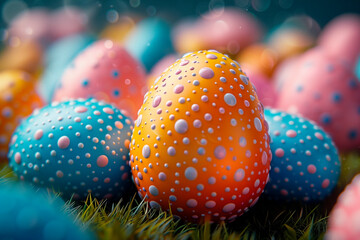 Close-up of a bunch of eggs with different colors and patterns. One of them is orange and has a lot of dots