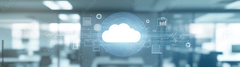 Poster cloud computing concept in a modern office environment showcasing digital data and analytics in real