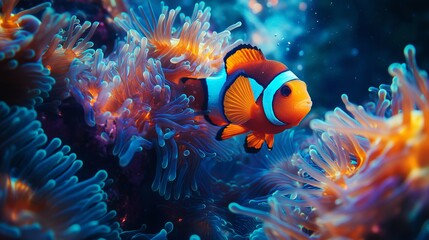 Close-Up of Two Clownfish Swimming Among Anemones in Bioluminescent Coral Reef: National Geographic Style. AI generated illustration