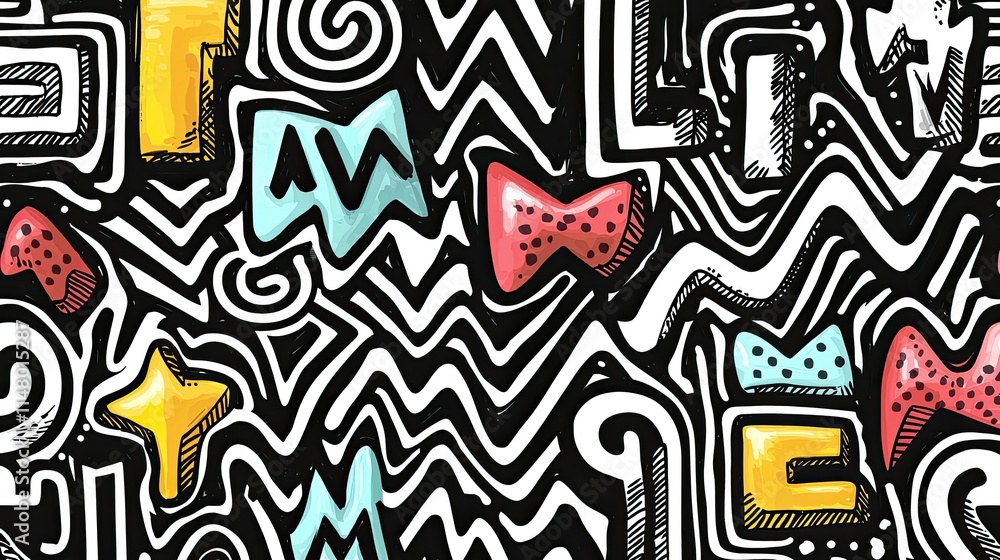 Poster abstract doodle design with colorful shapes and patterns for creative backgrounds.