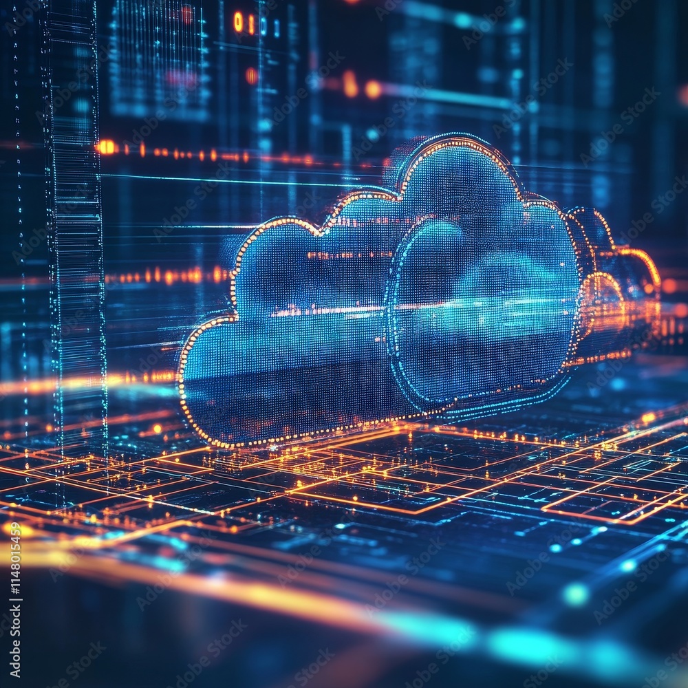 Aufkleber Conceptual Digital Representation of Cloud Computing With Neon Lights and Data Streams Illustrating Fast Data Processing in a Tech Environment