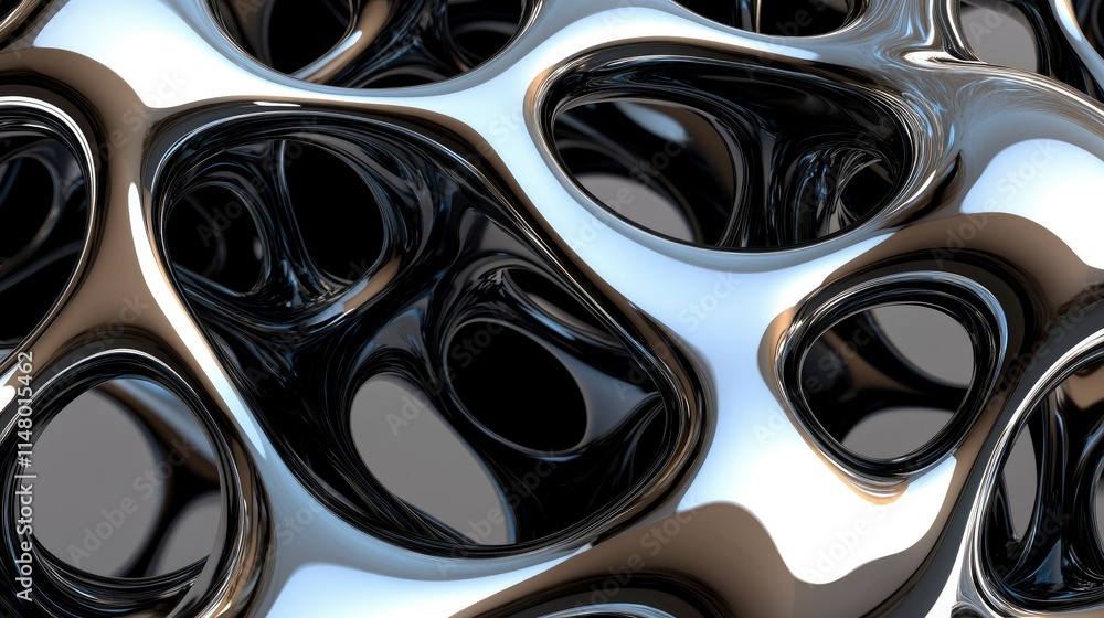 Fototapete abstract chrome organic structure 3d render of a reflective, interconnected metallic form