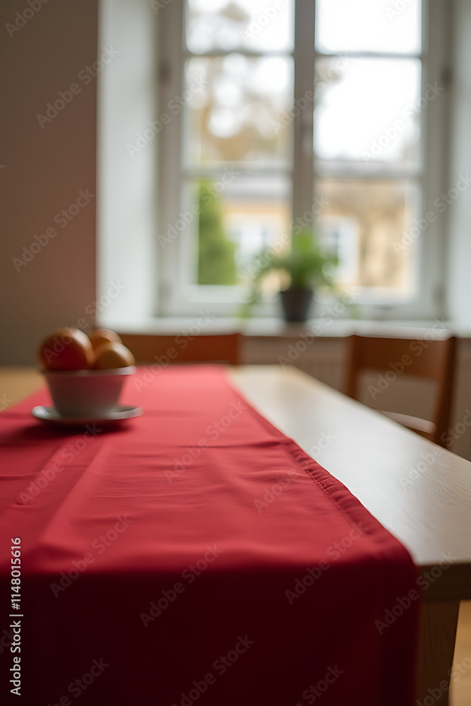 Poster A red tablecloth is draped over a wooden table with a blurred view of the surrounding home through a nearby window._00002_