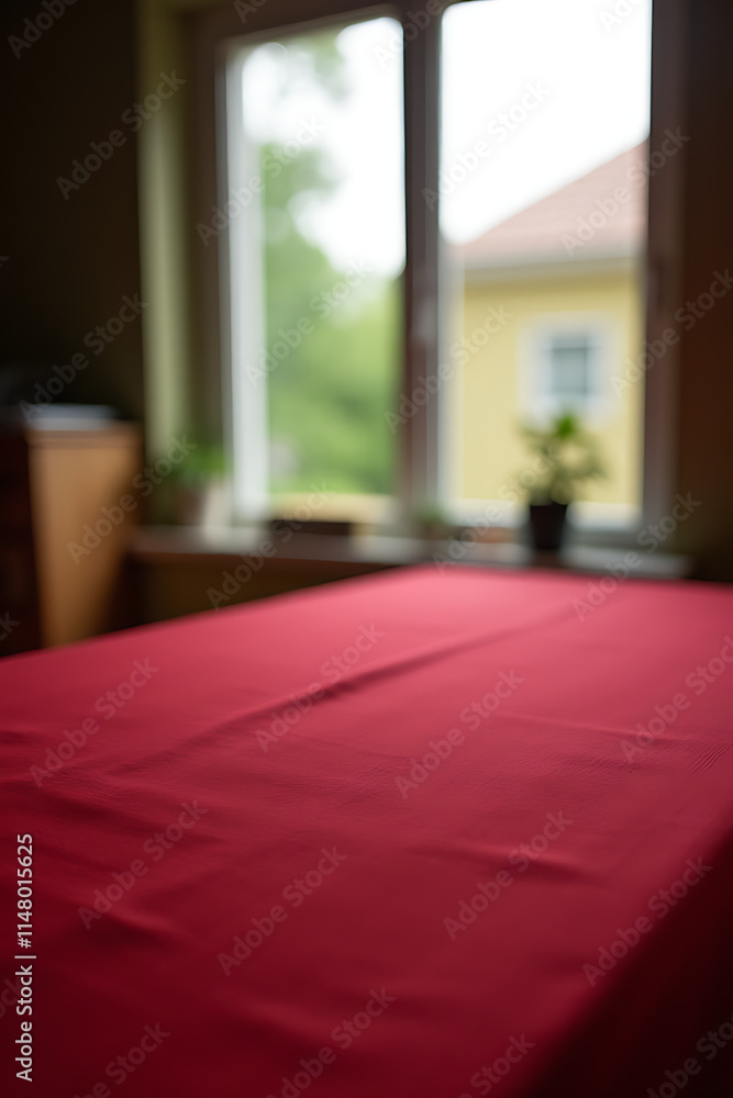 Poster A red tablecloth is draped over a wooden table with a blurred view of the surrounding home through a nearby window._00003_