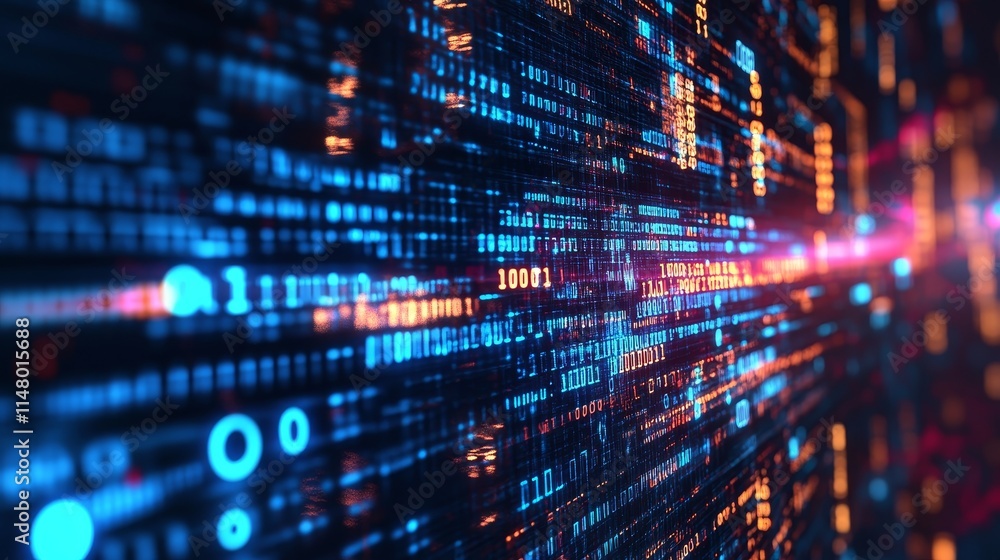 Poster digital data streams flow through a vibrant network showcasing technology and connectivity