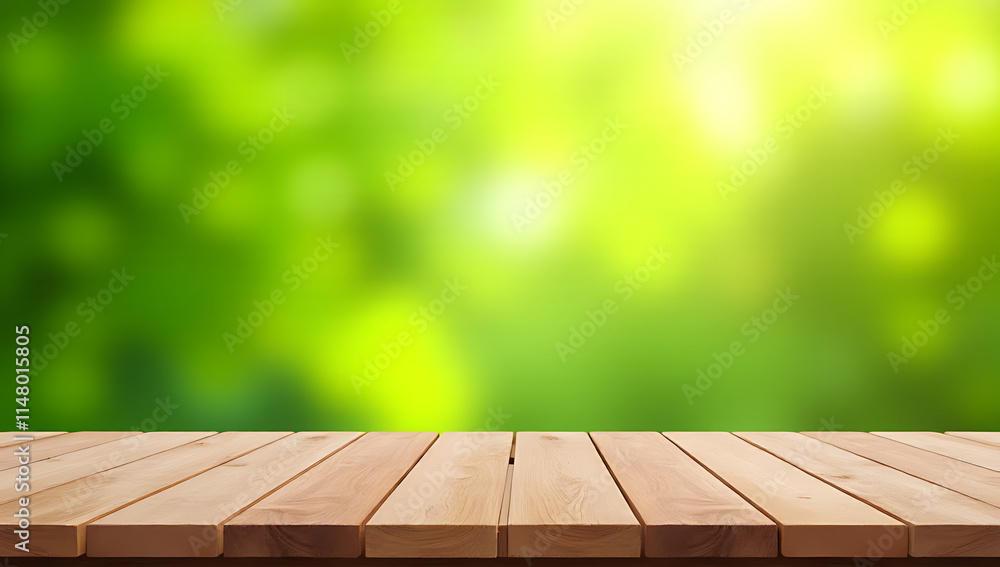 Poster a real wood table top with a blurred fresh green garden background is ideal for product displays and