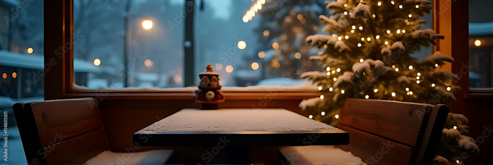 Poster a quiet wooden table sits empty in a café beside a christmas tree in a snowy winter scene at night._