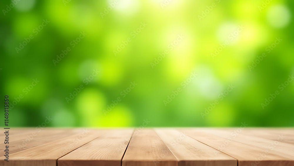 Poster a real wood table top with a blurred fresh green garden background is ideal for product displays and