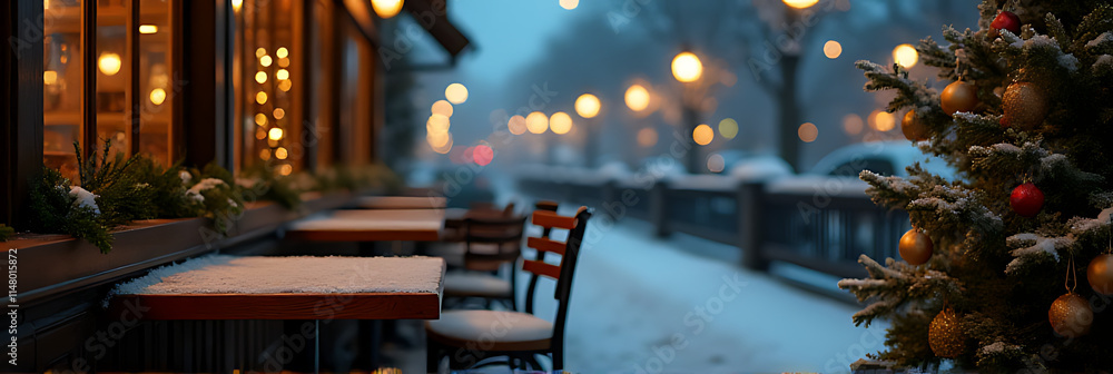 Poster a quiet wooden table sits empty in a café beside a christmas tree in a snowy winter scene at night._