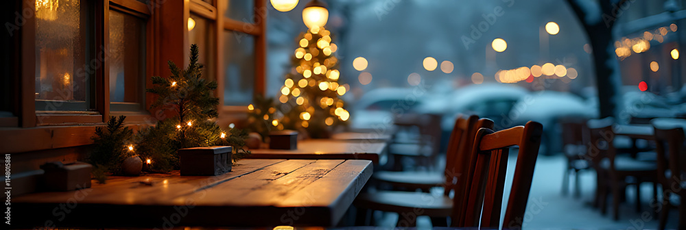 Poster a quiet wooden table sits empty in a café beside a christmas tree in a snowy winter scene at night._
