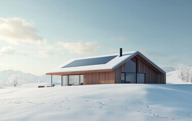 A minimalist house covered with snow, solar panels glinting under a bright winter sky