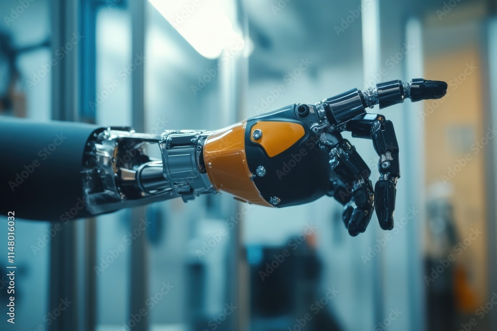 Poster prosthetic arm demonstrating precision gesture in a modern environment with ample space for design. 