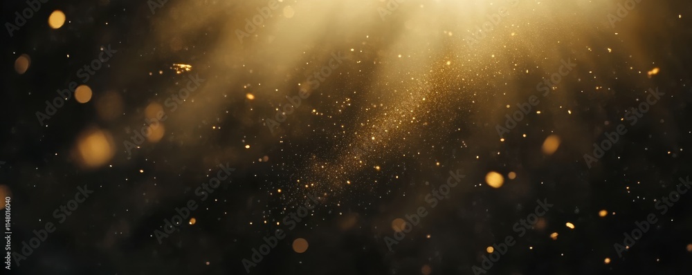 Poster dark background, bokeh effect, golden dust particles floating in the air, creating an ethereal and m