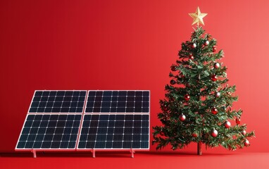 A set of solar panels and a decorated Christmas tree placed together on a bright red background