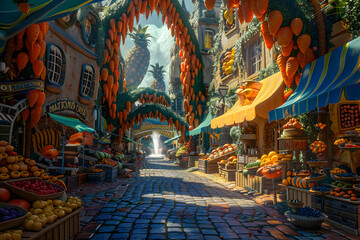 Fototapeta premium Colorful Whimsical Street Market with Oversized Carrots and Pineapples in a Fantasy-Themed Urban Landscape