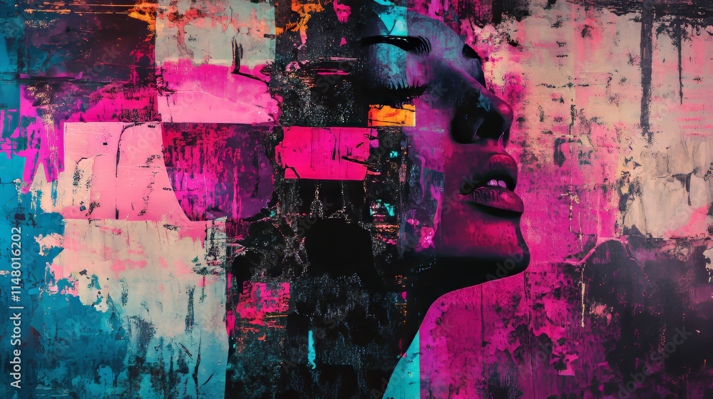 Poster vibrant abstract representation of a woman’s face blending colorful patterns and textures in a moder
