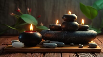 Serene Arrangement of Black Stones and Candles on a Wooden Surface Surrounded by Lush Greenery for Relaxation and Tranquility