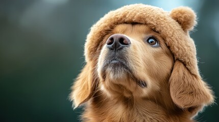 Obraz premium A dog wearing a bear hat looking up at the sky