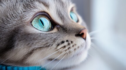  A close up of a cat's face with blue eyes