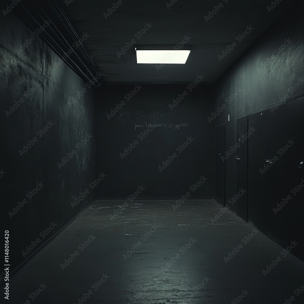 Poster dark and empty corridor with a single light source and closed doors, evoking a sense of mystery and 