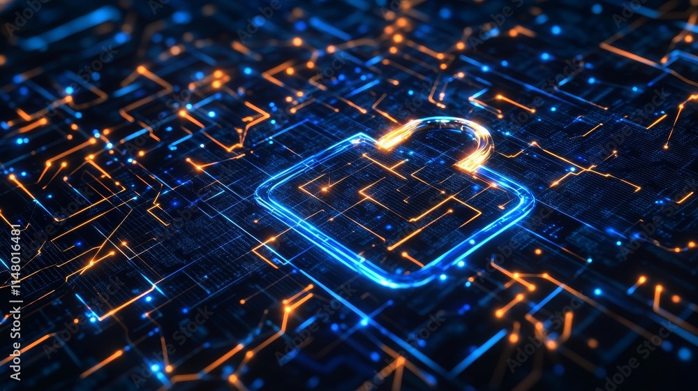 Poster digital lock symbolizing cybersecurity on a network of interconnected lines and glowing elements in 