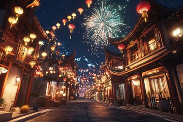 Chinese New Year Celebration: Fireworks Over Ancient Street with Lanterns and Traditional Architecture. AI generated illustration