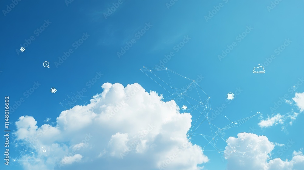 Poster clouds partially obscuring a bright blue sky with various digital icons representing technology and 