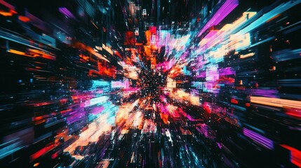 A chaotic burst of colorful digital glitch patterns on a dark background.