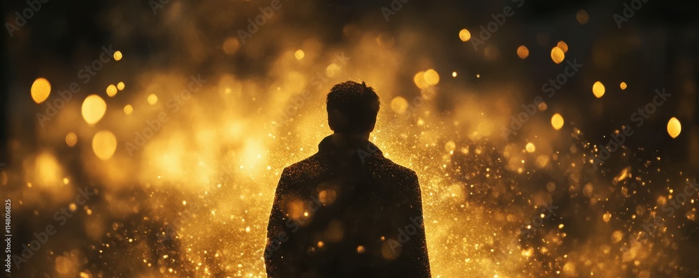 Poster dark background, bokeh effect, golden dust particles floating in the air, creating an ethereal and m