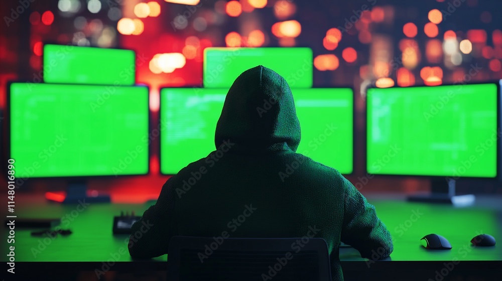 Poster hooded hacker working late on multiple green screens
