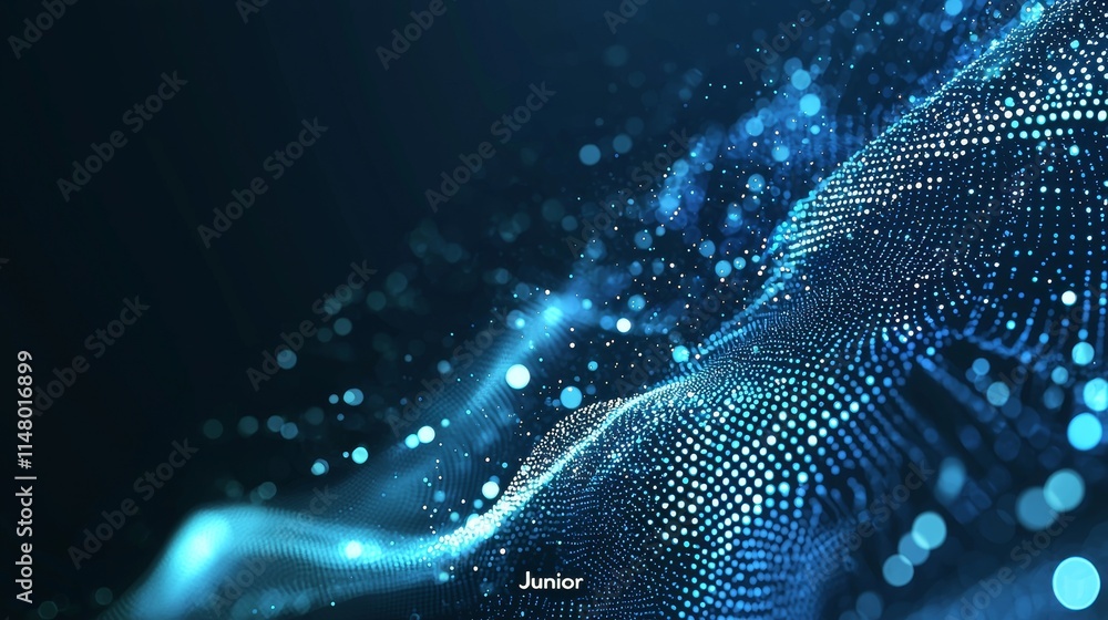 Poster abstract digital design showcasing shimmering particles and curves, creating a sense of depth in an 