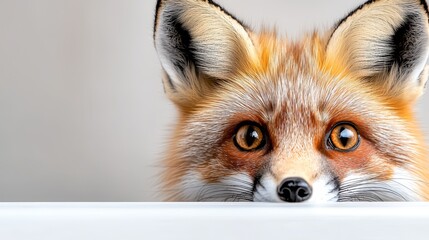 A close up of a red fox peeking over a table