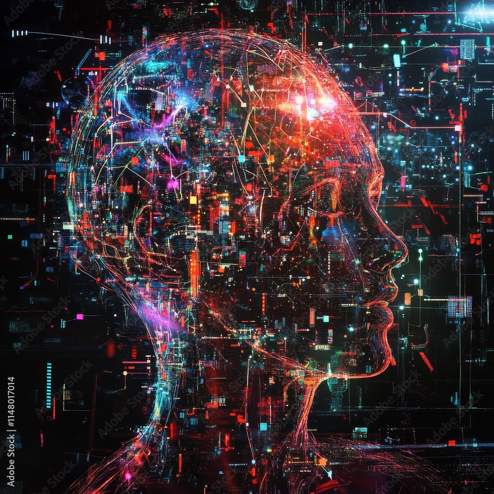 Poster digital silhouette of a human head surrounded by colorful abstract data patterns representing techno