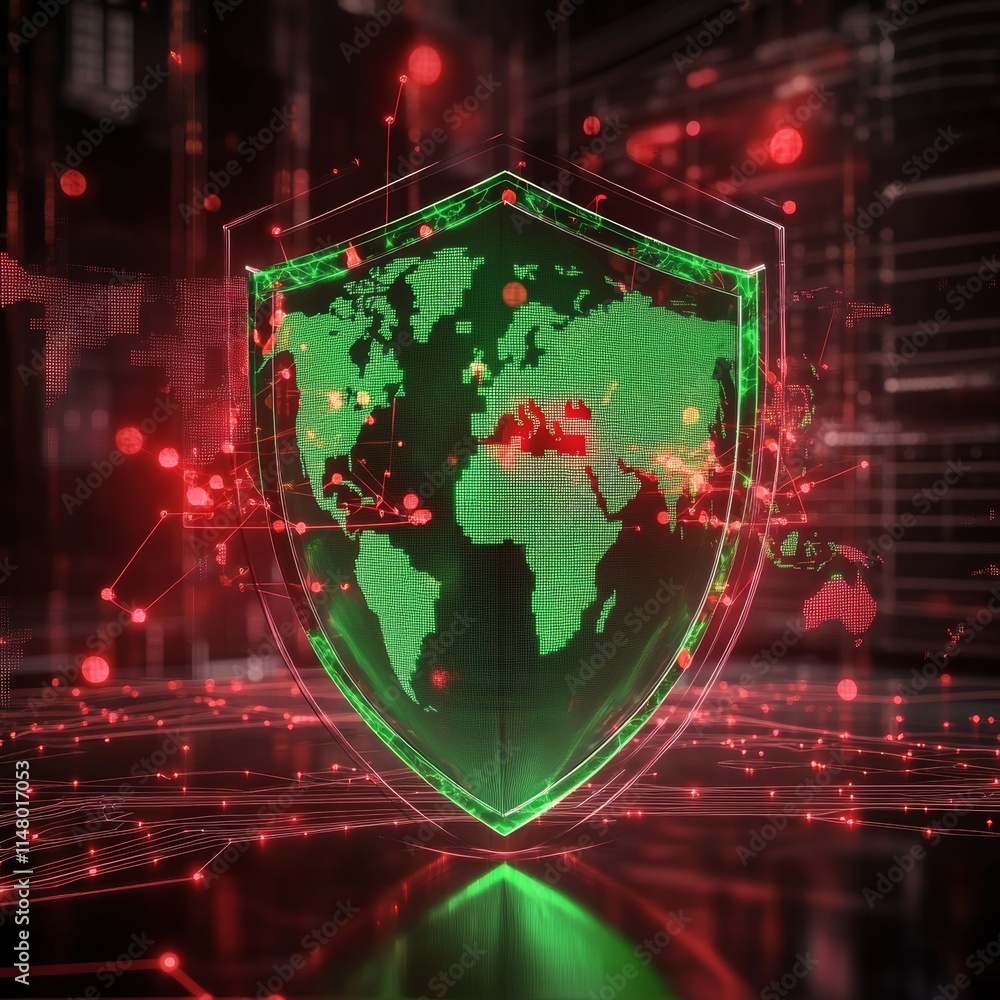 Poster digital security shield with global map and data connections displayed in vibrant green and red hues
