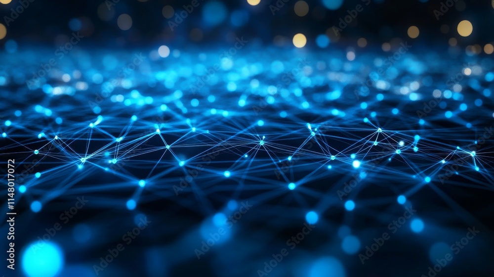 Poster exploration of a digital landscape showcasing interconnected blue nodes and lines, representing a ne