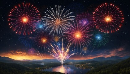 Stunning Fireworks Display Over Mountain Lake at Night, Generative AI