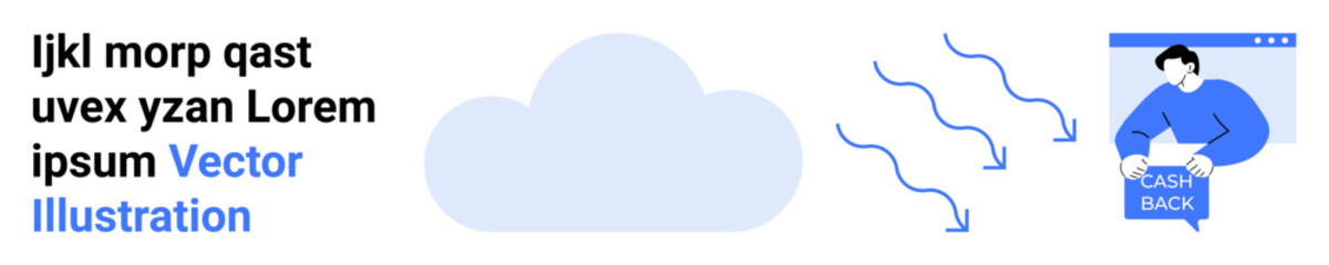 Cloud shape, flowing arrows, and person holding paper with text. Ideal for technology, digital transformation, weather, cloud computing, data migration, education presentions, online tutorials