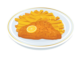 Fried pork schnitzel and french fries on a plate vector illustration. Fried steak with fries on a plate icon vector isolated on a white background. Chicken cutlet drawing