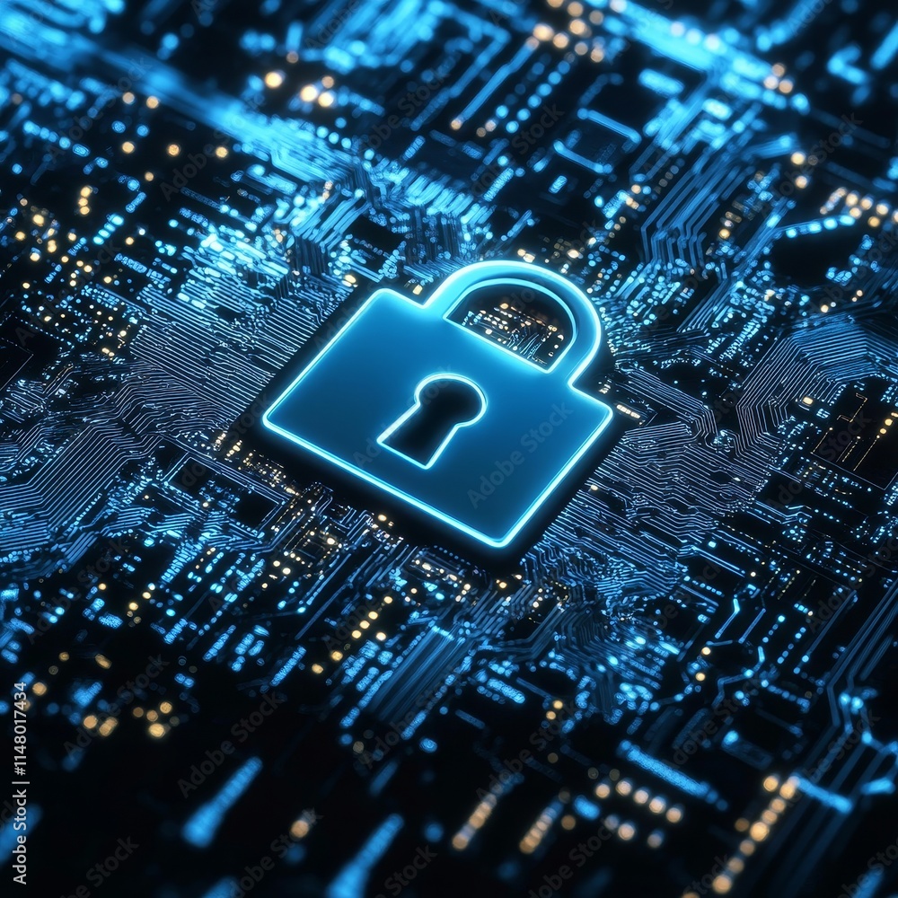 Poster digital security lock on a circuit board in a high-tech environment representing cybersecurity and d