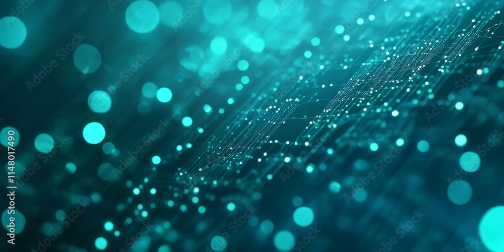 Poster vibrant teal particles scatter across a digital background creating a mesmerizing abstract pattern i