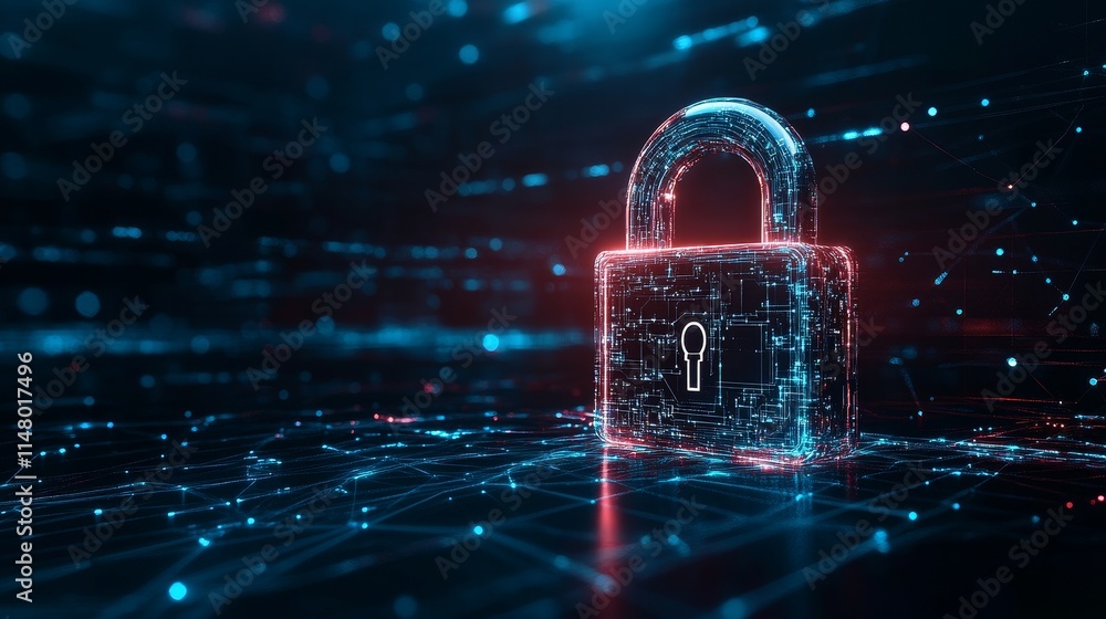 Poster digital padlock representing cybersecurity in a futuristic data environment with glowing connections