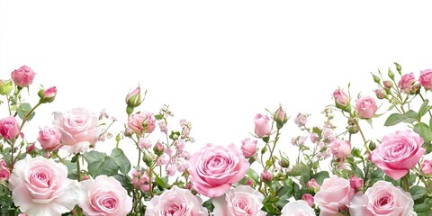 Pink rose flowers border isolated on white